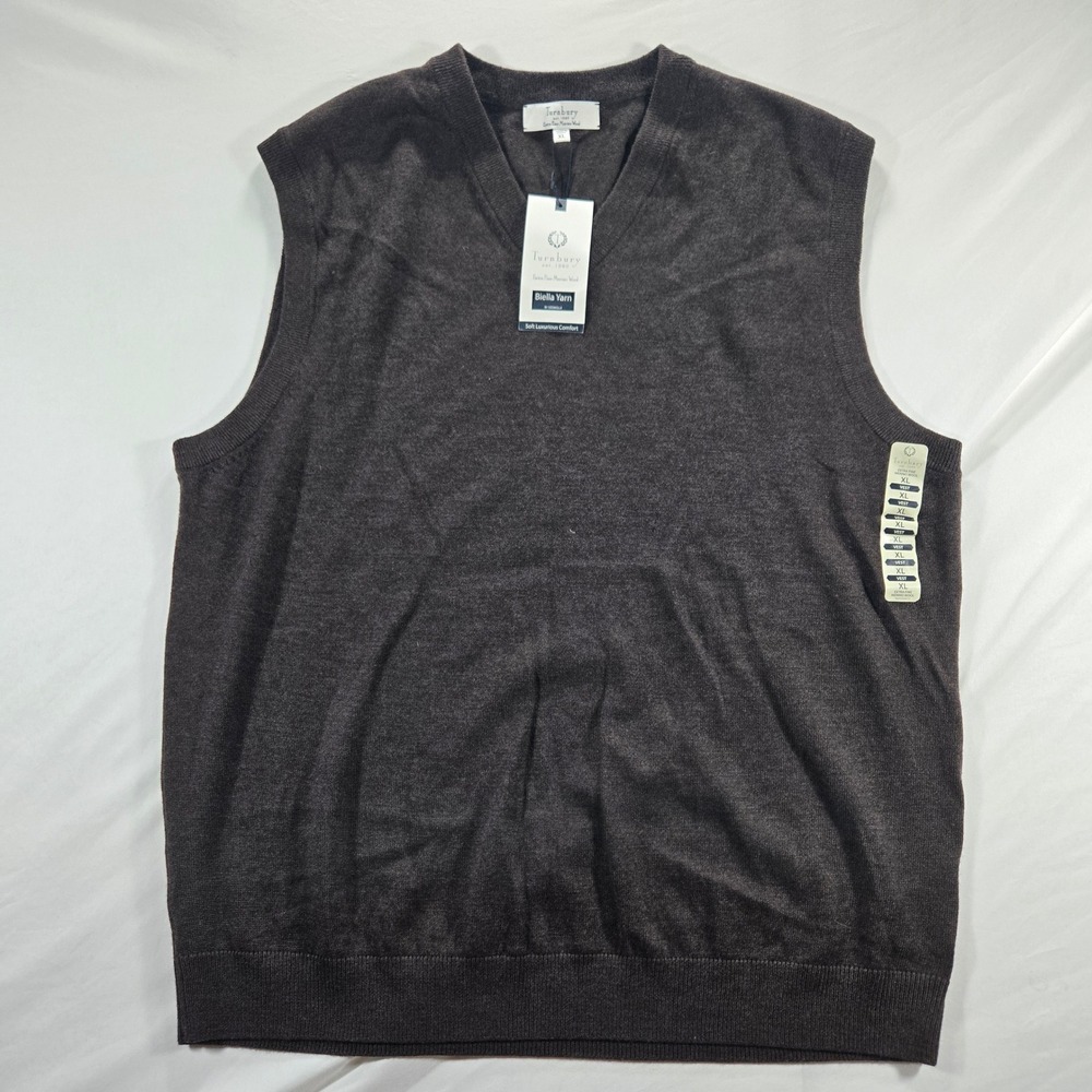 Turnbury Mens Sweater Vest XL‎ Brown Extra Fine Merino Wool Biella Yarn New Tags